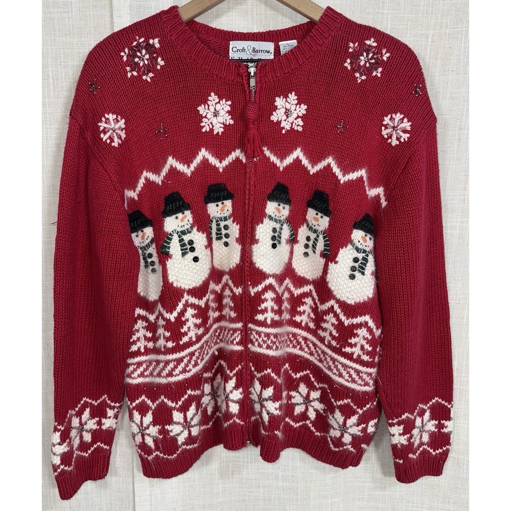 RARE & HTF Vintage Croft & Barrow Hand Knit Cardigan Sweater Angora Snowman L